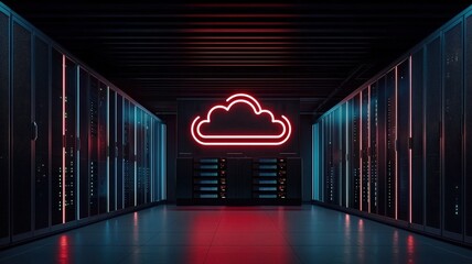 A modern server room illuminated by a neon cloud sign, highlighting technology and digital storage in a sleek, futuristic environment.