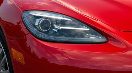 Close-up view of a sleek red sports car showcasing its modern headlight design during golden hour in an outdoor setting