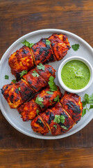 Tandoori masala soya chaap served with mint chutney top view