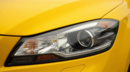 Close-up view of a bright yellow car's headlight showcasing modern design elements and sleek lines during a bright day