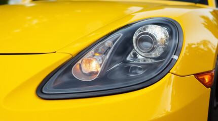 Close-up view of a bright yellow car's headlight showcasing modern design elements and sleek lines during a bright day