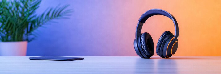 A minimalist close-up of a headset and microphone resting on a sleek desk, symbolizing virtual tutoring sessions and remote learning,