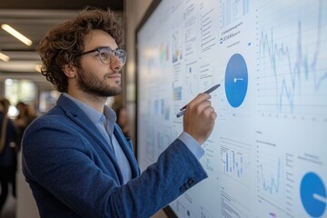 A businessman analyzes data on a large interactive screen, reviewing charts and graphs for business insights.