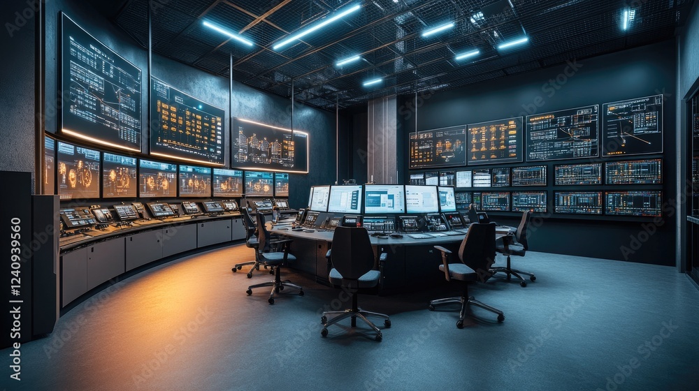 Poster a modern control center with ai-driven predictive maintenance systems monitoring machines.