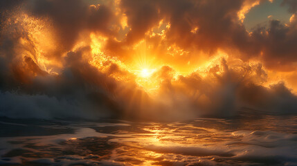 Fototapeta premium Golden Sunrise Over Ocean Waves Dramatic Seascape, Stunning Coastal Nature Photography.