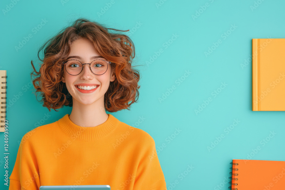 Poster an energetic photograph of a student participating in a live video lecture on a tablet, while surrou