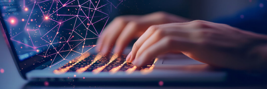 A close-up shot of hands typing on a laptop keyboard during an online exam, with virtual proctoring symbols subtly integrated into the background,