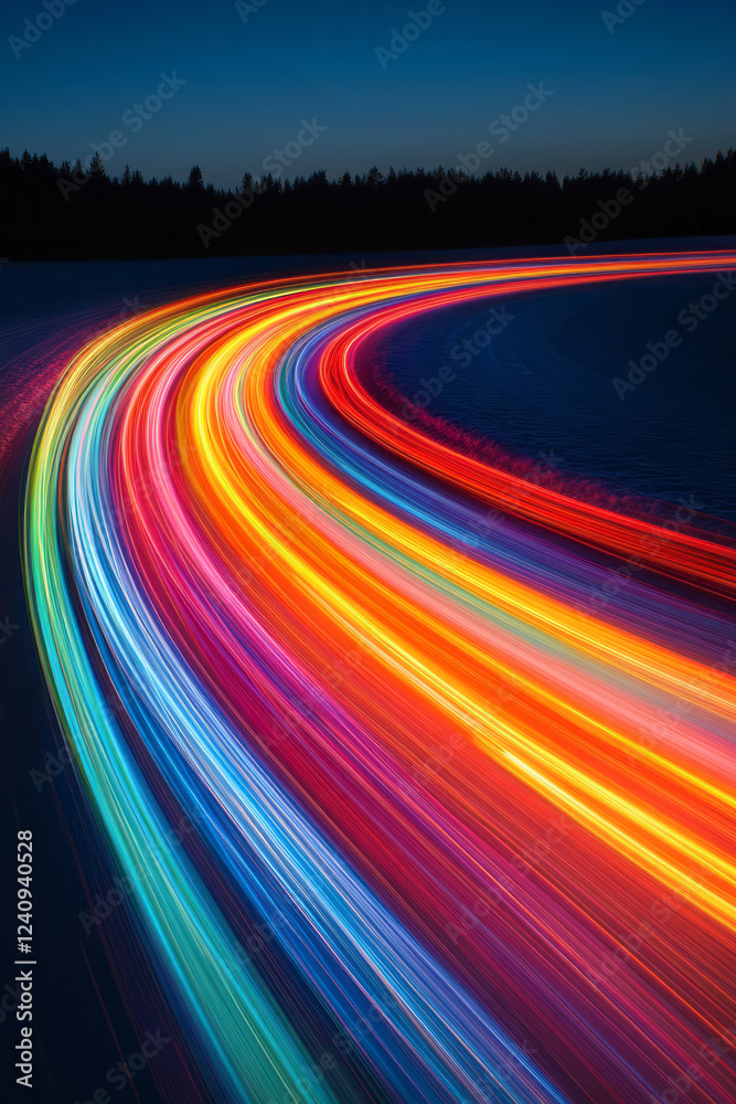 Poster a long-exposure image featuring passing vehicles at night, capturing vivid light trails that converg