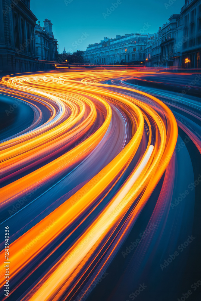 Poster A long-exposure image featuring passing vehicles at night, capturing vivid light trails that converge into a dynamic, abstract design,