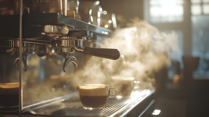 Espresso shot being pulled with steam rising from machine in cafe