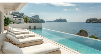 Fototapeta premium Mediterranean Villa with Infinity Pool Ocean View, Blue Sky and Calm Water Design.