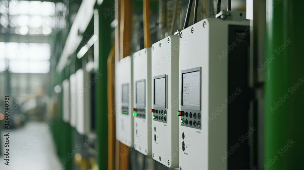 Poster close-up of industrial sensors and iot devices monitoring real-time machine performance in a smart f