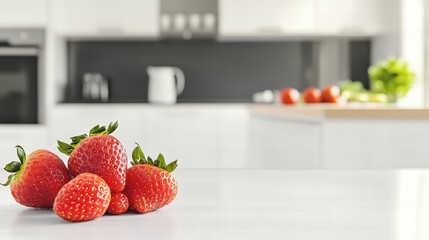 Fresh strawberries on kitchen counter with blurred background, creating vibrant and inviting atmosphere. bright red color of strawberries contrasts beautifully with modern kitchen setting