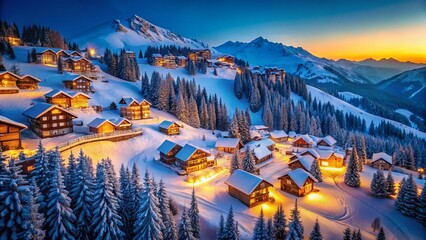 Fototapeta premium Aerial View: Snowy Ski Resort Mountainside Chalets, Bright Blue Sky