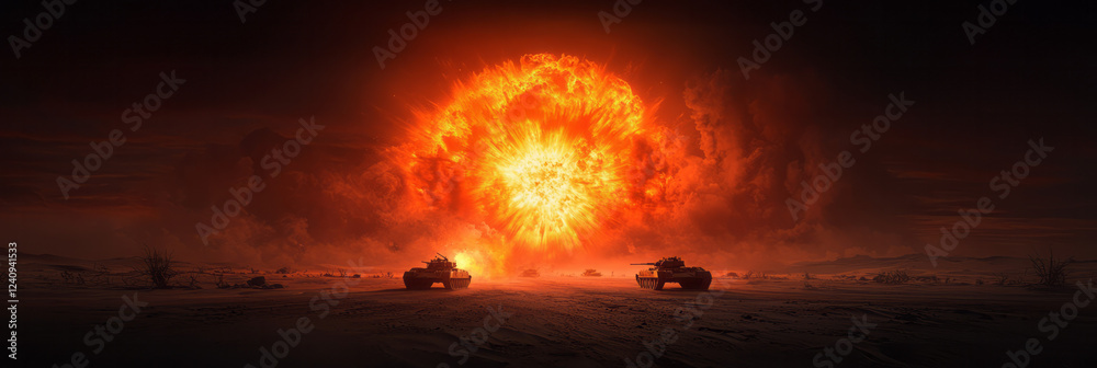 Fototapete a high-resolution photograph capturing a turbulent explosion overrunning two tanks on a desert battl