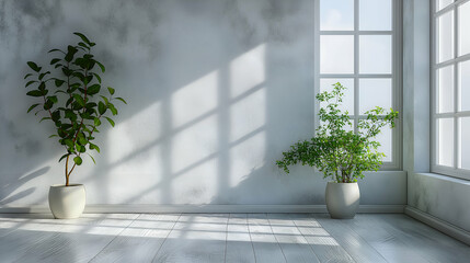 Bright Minimalist Room Sunlit Interior with Plants, White Walls and Wooden Floor for Cozy Home Design.