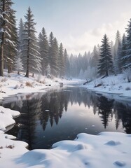 A serene winter forest with snow-covered trees and a frozen lake in the distance, wintery landscape, nature scene