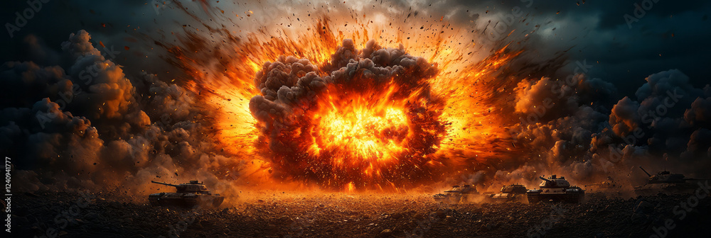 Aufkleber An action-packed scene shot from a low angle, capturing a huge cloud of flame overtaking tanks, framed by the last rays of sun piercing through the smoky sky,