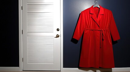 Red robe hangs door, dark room, interior, fashion