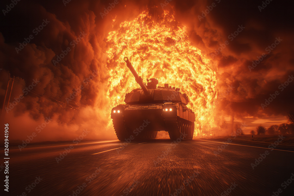 Aufkleber a powerful still image that freezes the instant of a colossal blast overrunning a tank column, accen