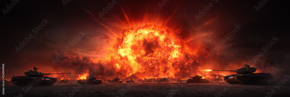 Aufkleber an action-packed scene shot from a low angle, capturing a huge cloud of flame overtaking tanks, fram