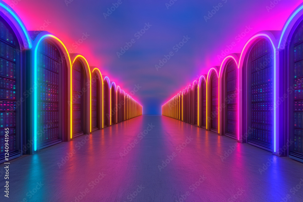 Aufkleber a futuristic neon-lit server room with symmetrical rows of servers glowing in vibrant blues and purp