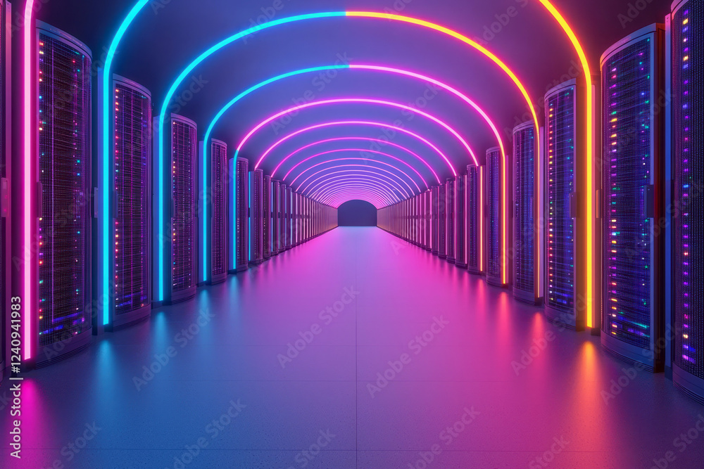 Leinwandbilder a futuristic neon-lit server room with symmetrical rows of servers glowing in vibrant blues and purp