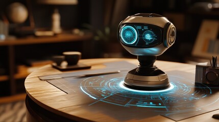 Obraz premium Futuristic AI-driven robotic eye scanning data, surrounded by augmented reality elements and smart analytics.
