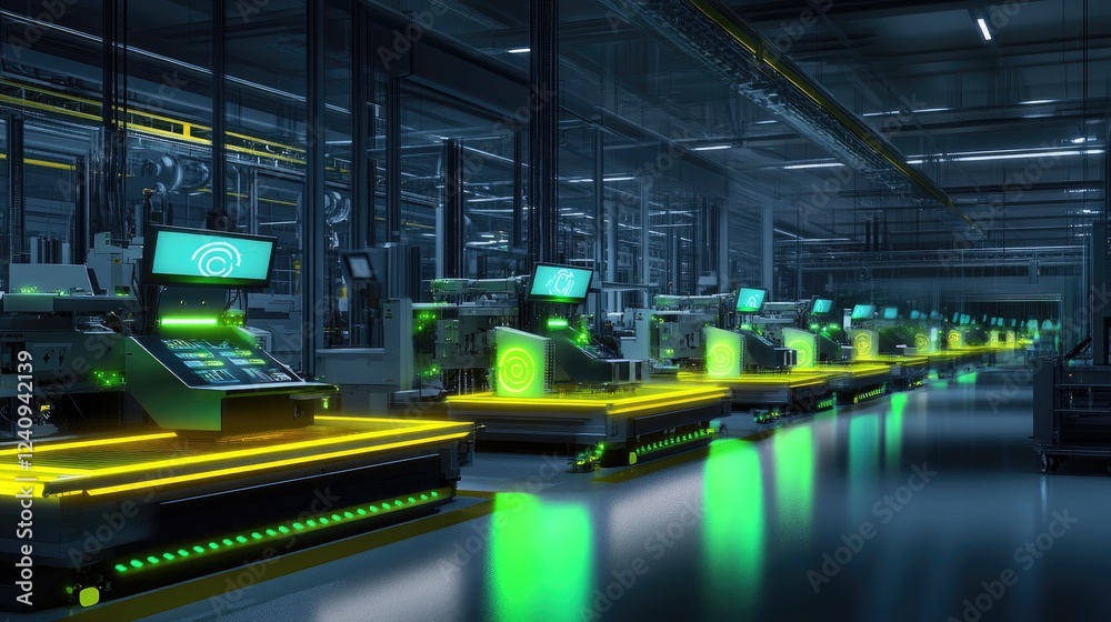 Poster futuristic assembly line with glowing interfaces displaying real-time production data and ai-driven 
