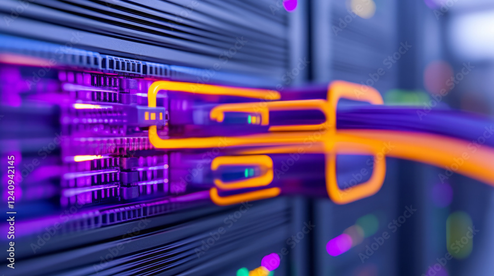 Poster a close-up view of neon-outlined cables snaking through server cabinets, highlighting the dynamic in