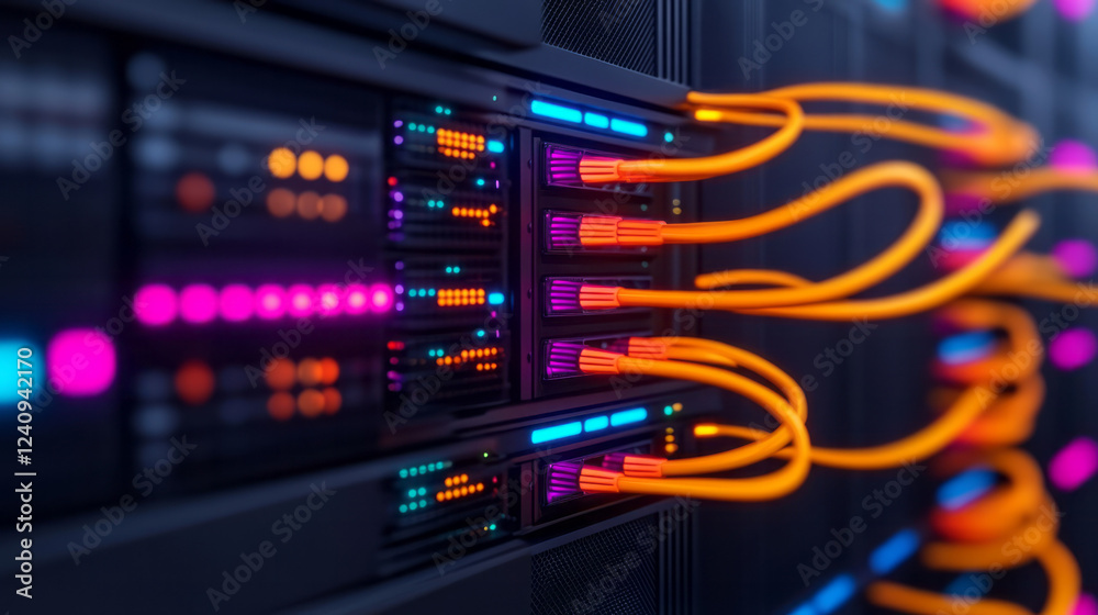 Aufkleber A close-up view of neon-outlined cables snaking through server cabinets, highlighting the dynamic interplay of technology and neon-colored lighting,