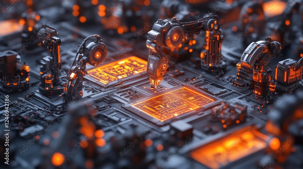 Poster futuristic assembly line with glowing interfaces displaying real-time production data and ai-driven 
