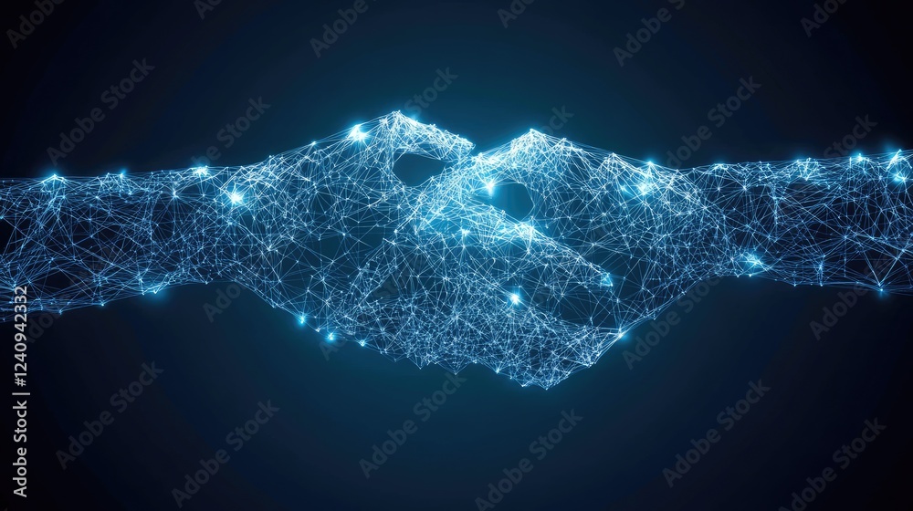 Poster futuristic blockchain ledger processing smart contracts with automated digital agreements.