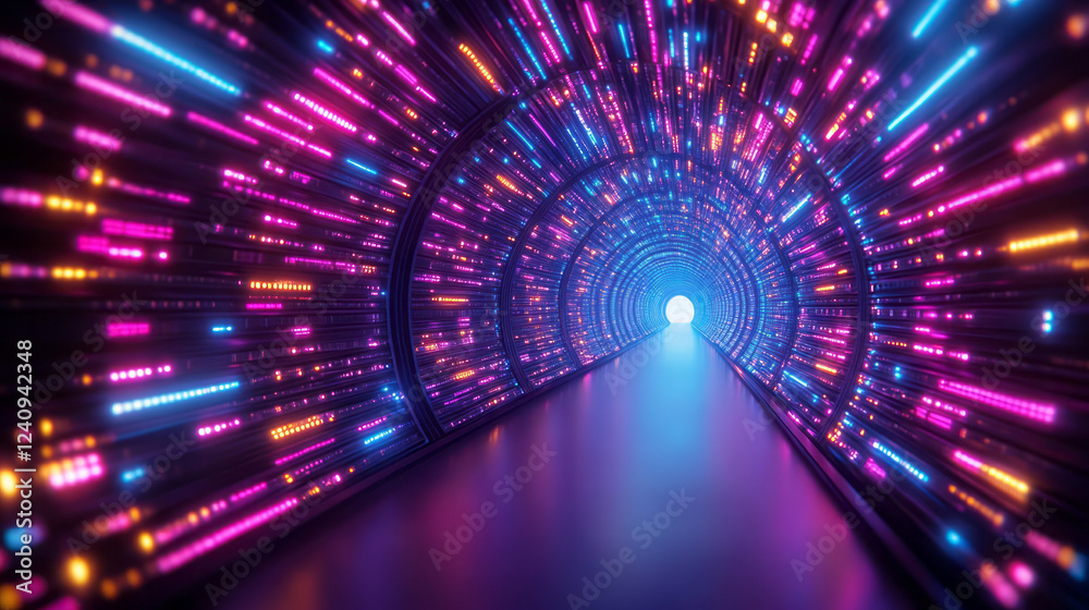 Poster A futuristic overhead perspective of a vast neon-lit data center, revealing a geometric pattern of glowing server racks arranged in symmetrical order,