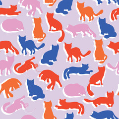 Doodle black funny cats seamless pattern, cats hand drawn silhouette vector collection 