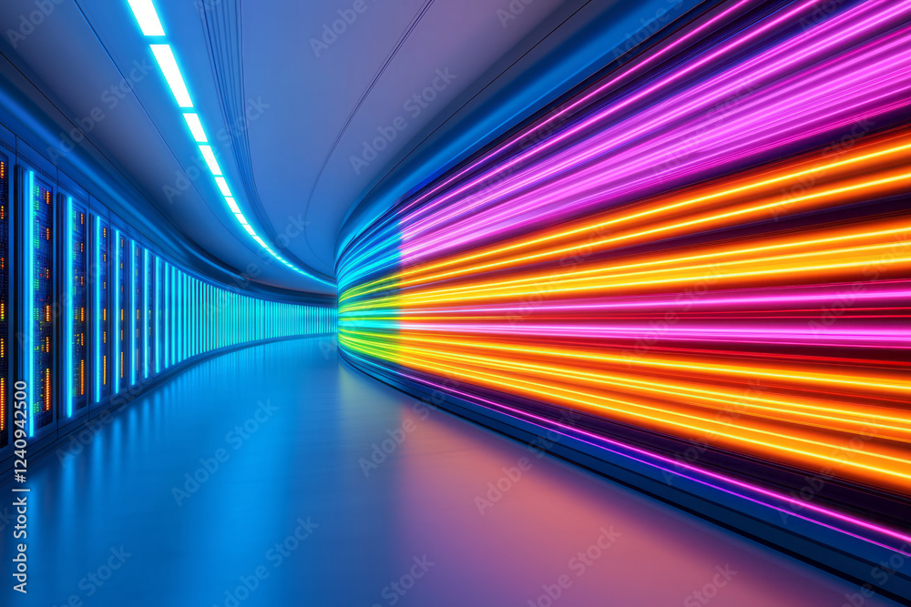 Leinwandbilder a dynamic long-exposure image featuring streaks of colored light dancing around server racks, repres