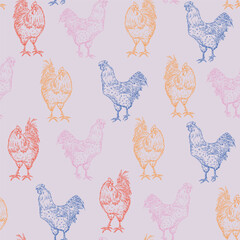 Various color cocks seamless pattern, hand-drawn illustration