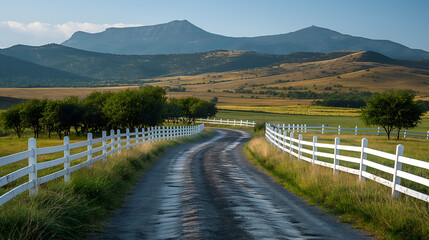 Country Road Through Green Fields Scenic Mountain View with Open Fence and Farm Path.