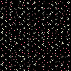 Seamless Dark Floral Pattern with Small White and Pink Flowers and Leaves