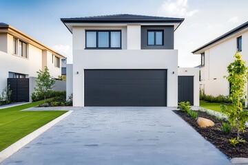 Modern Two-Story House with Garage and Lush Greenery in Suburbia