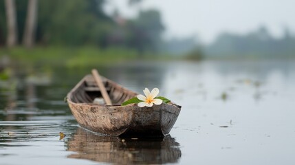 Obraz premium Tranquil wooden boat on calm lake, flower detail, misty background, peaceful travel image
