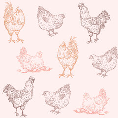 Hens and cocks seamless pattern