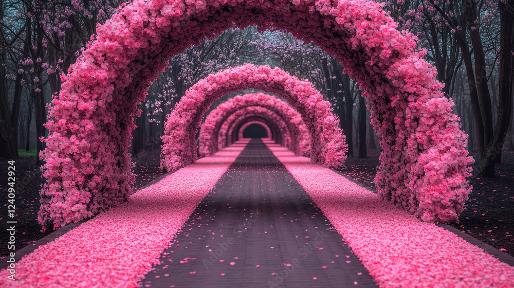 Poster A dynamic photograph showcasing a meandering pathway lined with flower-laden arches in a spring garden, framed by pastel-colored petals and dappled light,