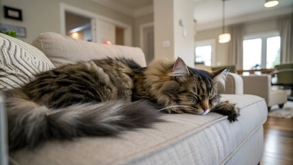 Cute Maine Coon cat sleeping on a sofa