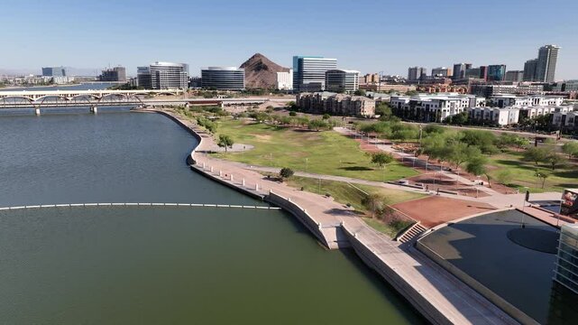Aerial view of tempe town lake with modern architecture and greenery, Tempe, United States.