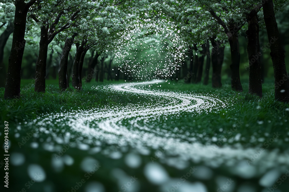 Poster an ethereal image of swirling petals gently falling from fruit trees onto a winding path, evoking a 