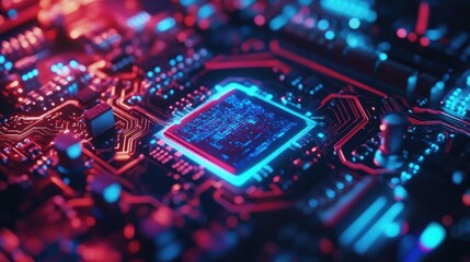 Fototapeta premium Glowing AI chip embedded in a futuristic motherboard, symbolizing machine intelligence and high-tech innovation.
