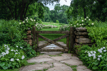 A creative composition where a weathered garden gate opens onto a profusion of spring blossoms, capturing the idyllic charm and promise of the season,