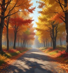 Vibrant colors of autumn leaves scattered along the forest road and trees in full hue, colorful landscape, warm sunny morning