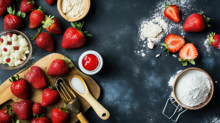 Fresh strawberries and baking ingredients arranged creatively on dark surface, showcasing vibrant culinary scene. Perfect for food photography and recipe inspiration